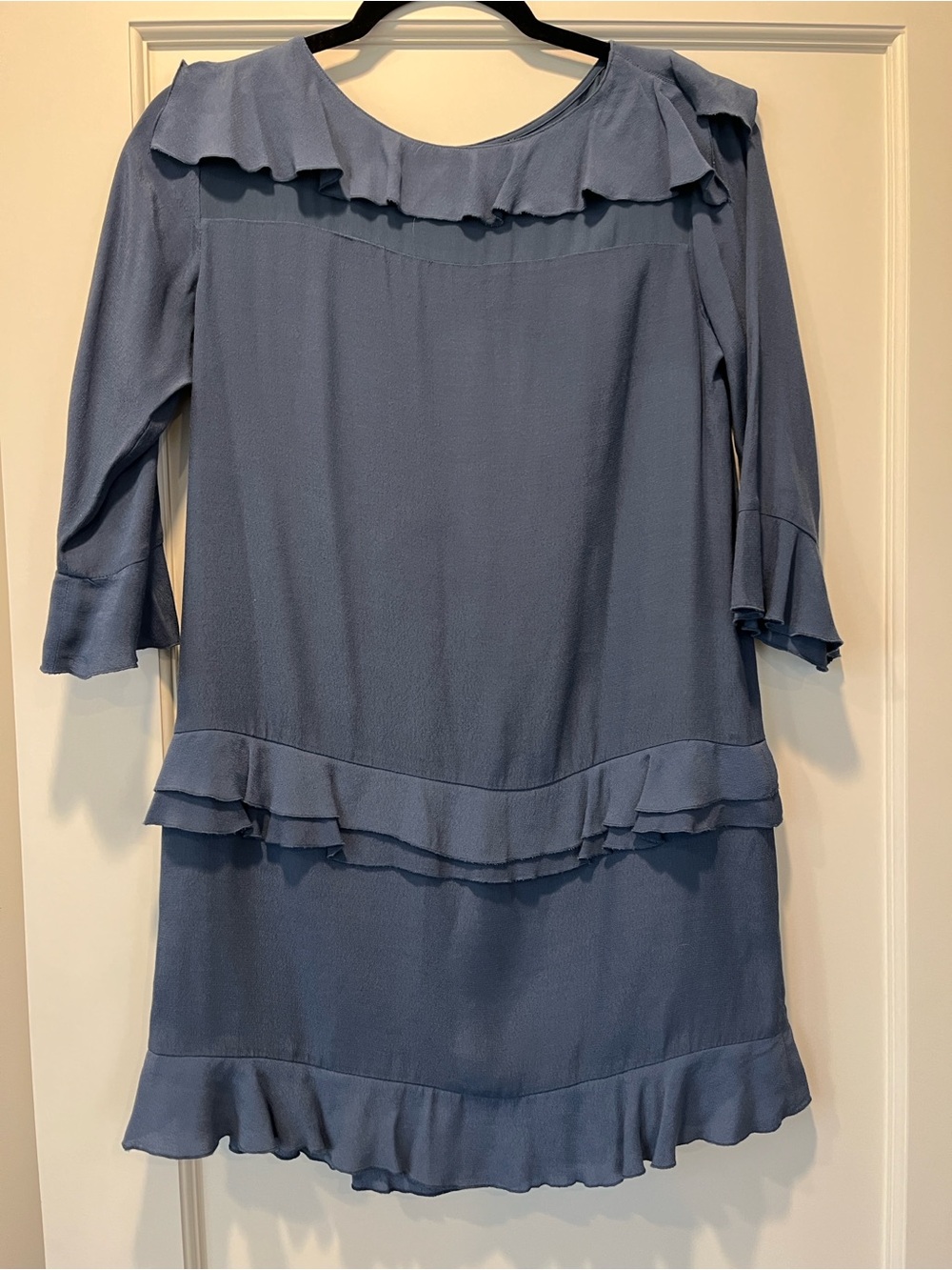 Banana Republic Slate Blue Ruffle Trim Mesh Insert Shift Mini Dress Size 0P